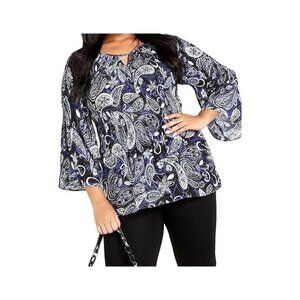 Avenue Plus Blue Paisley Keyhole Neck Blouse 3/4 Sleeve Plus Size 30/32